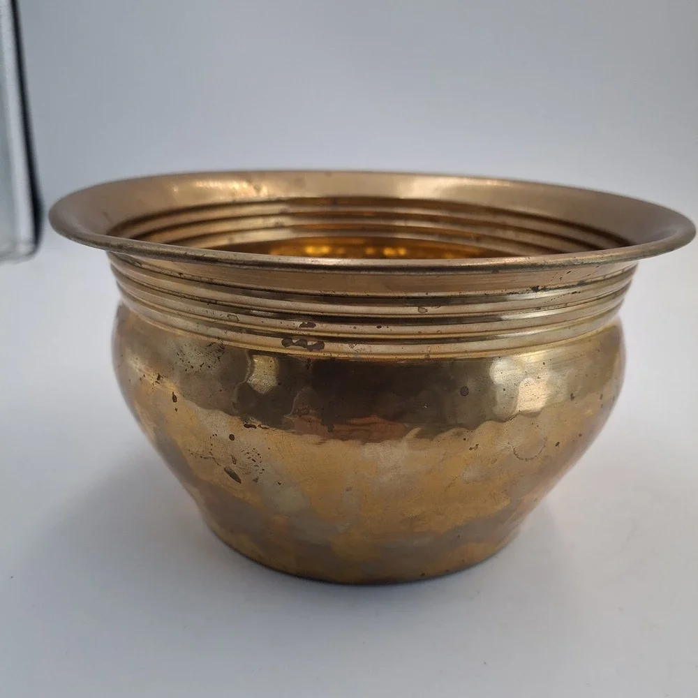 Vintage Hand Crafted Solid Brass Hammered Bowl Planter Pot India Decor 7